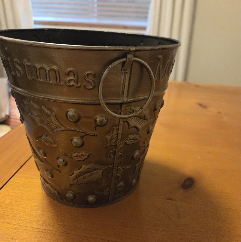 Christmas Metal Embossed With Holly Planter